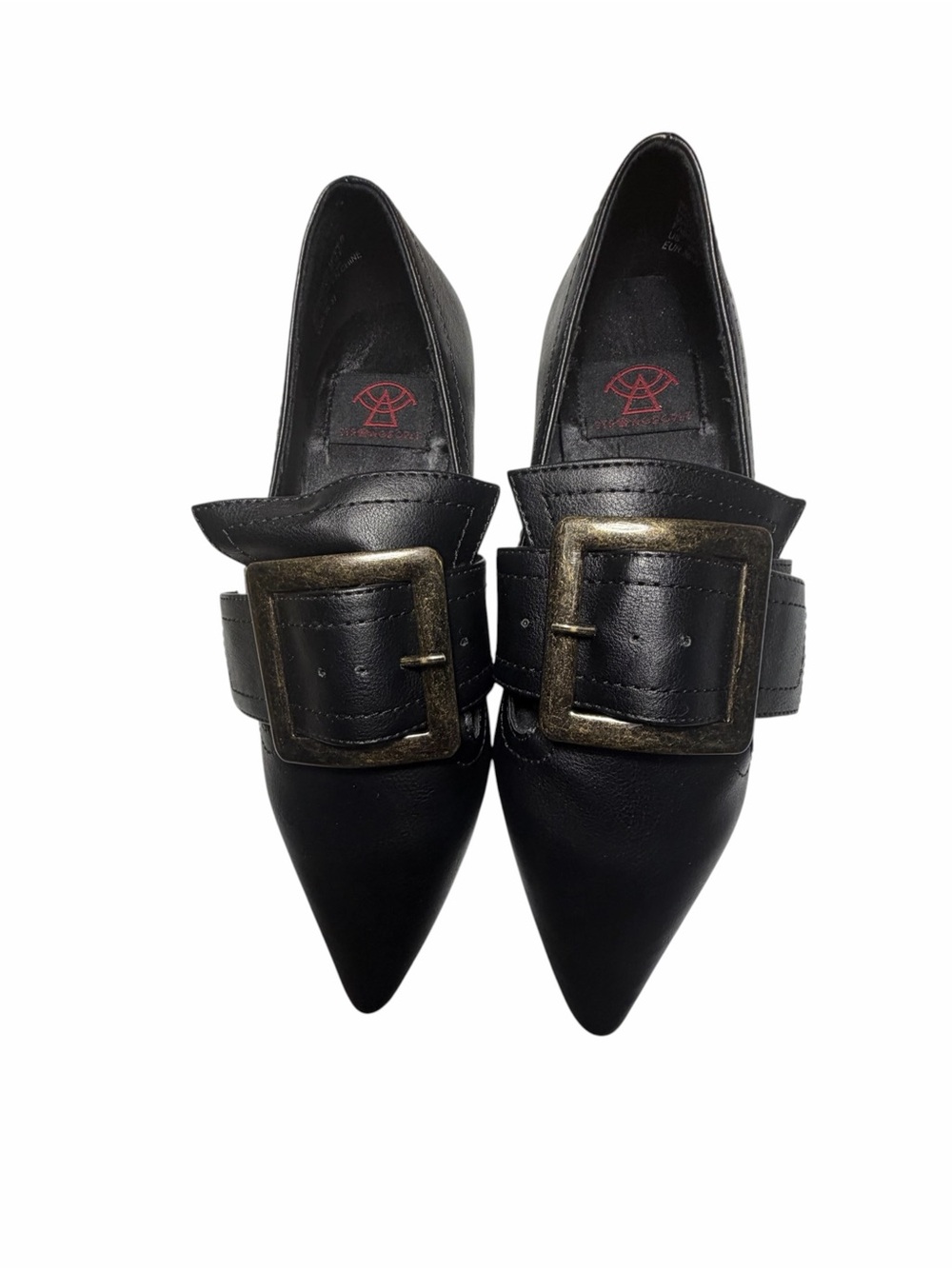 Strange CVLT Black Pointed Toe Leather Flats with Oversized Buckle Sz 6